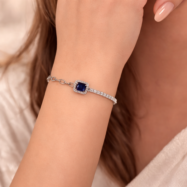 92.5 Sterling Silver Blue Stone Dual Chain Bracelet