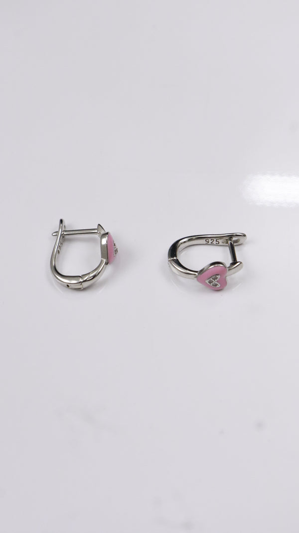 Pink Heart Silver Hoop Earrings