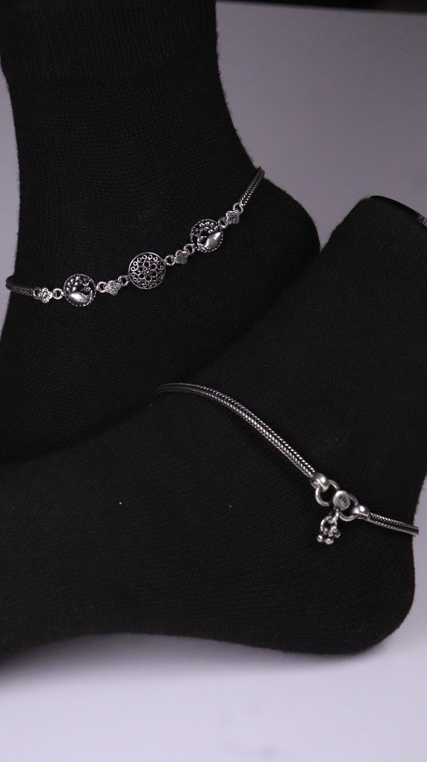 (Pair) Ashvattha Oxidised Silver Anklet