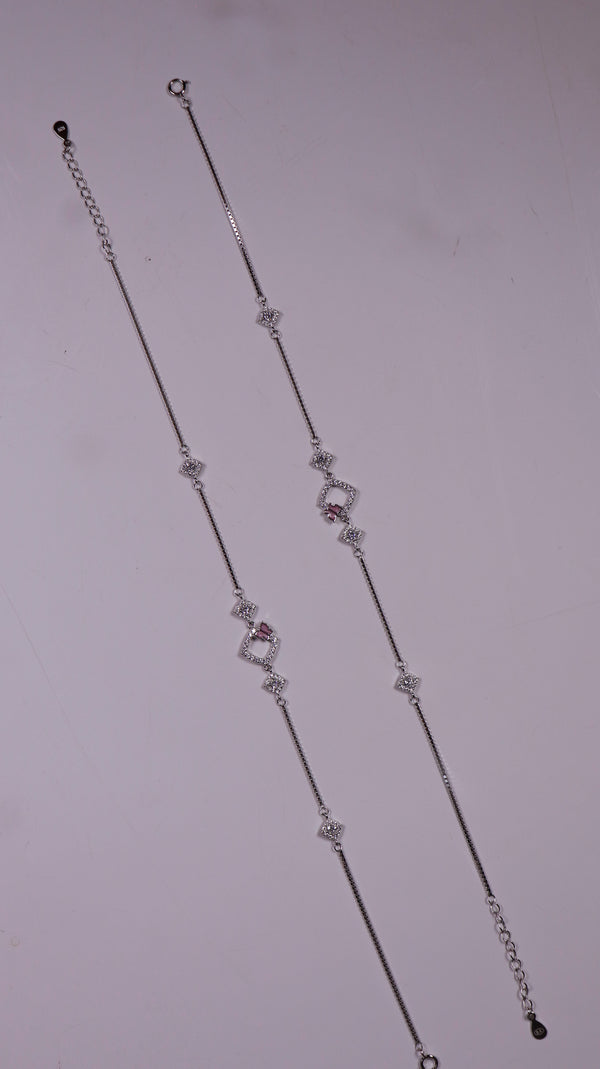 (Pair) Pink Clover Silver Anklet - Silver