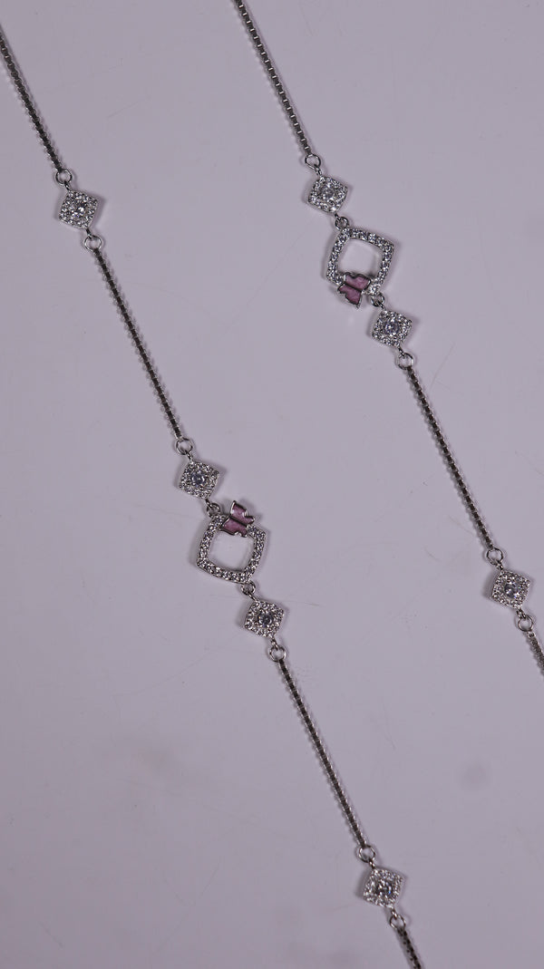 (Pair) Pink Clover Silver Anklet - Silver