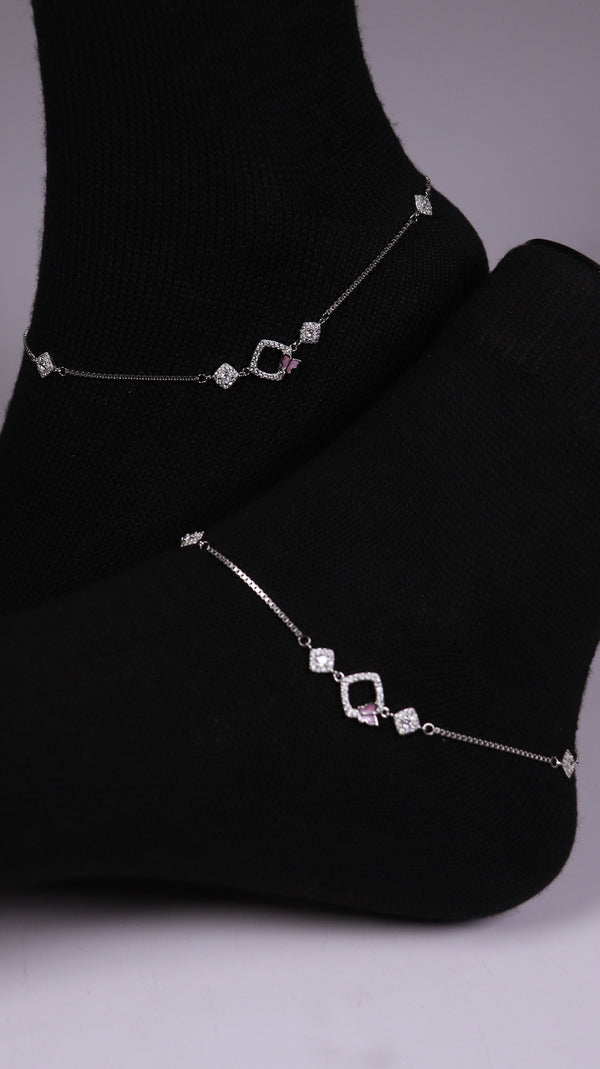(Pair) Pink Clover Silver Anklet - Silver