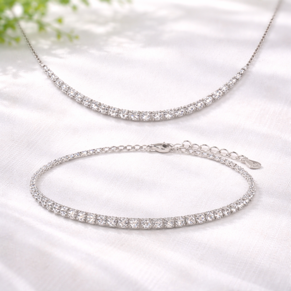 Silver Tennis Necklace Bracelet Combo