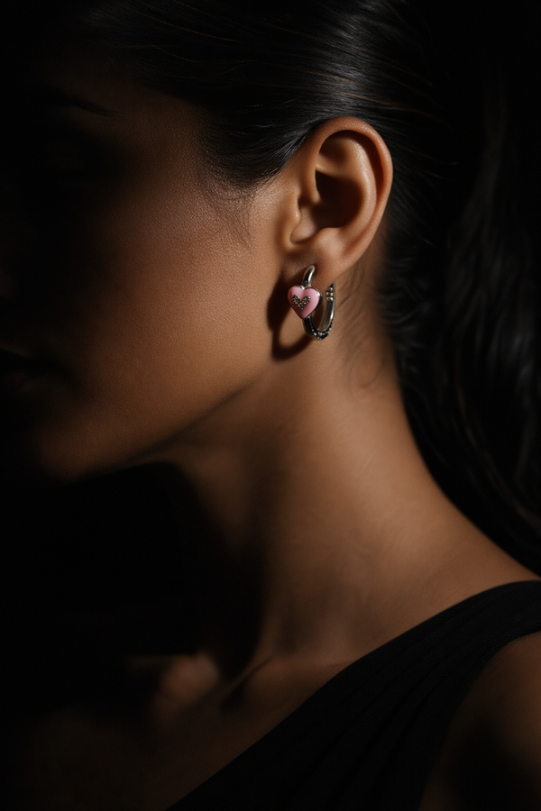 Pink Heart Silver Hoop Earrings