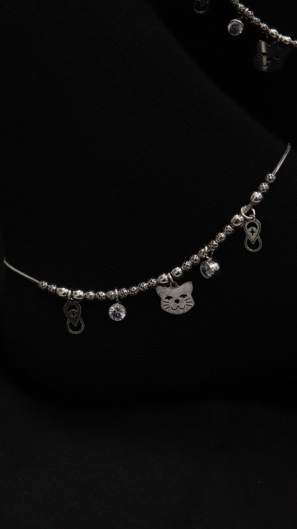 925 Sterling Silver Oxidised Meow Charm Anklet.
