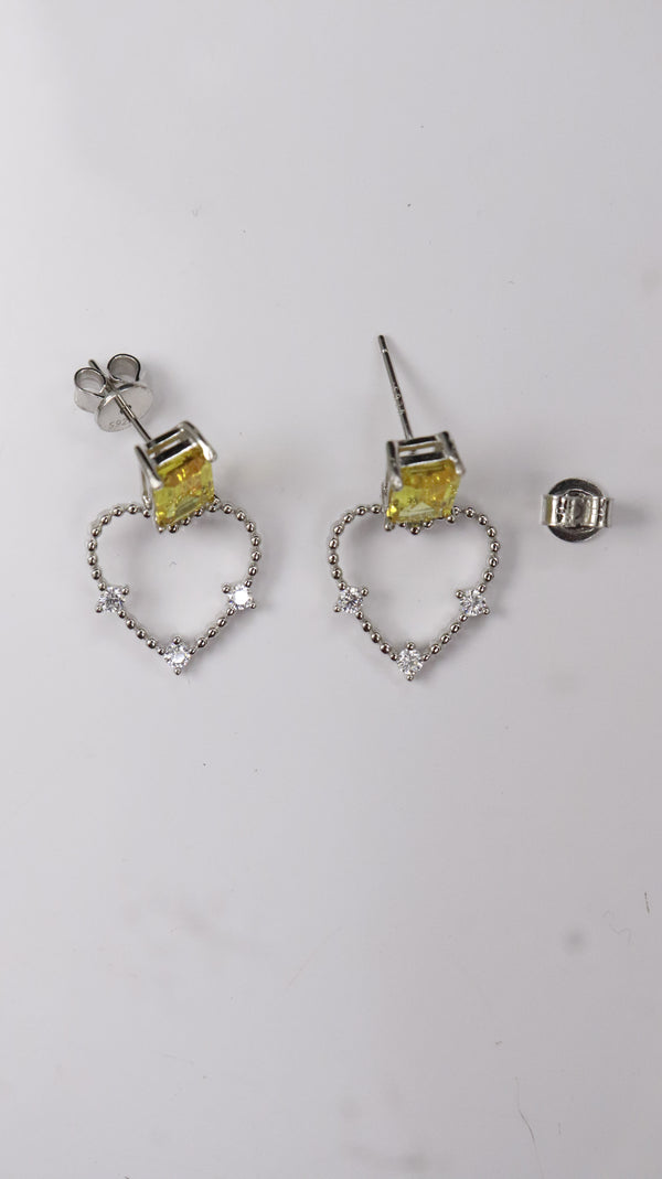 Yellow Heart Drop Silver Earrings
