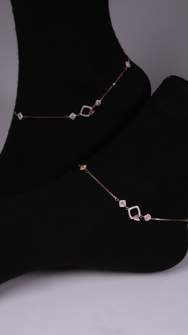 (Pair) Pink Clover Silver Anklet - Rose Gold